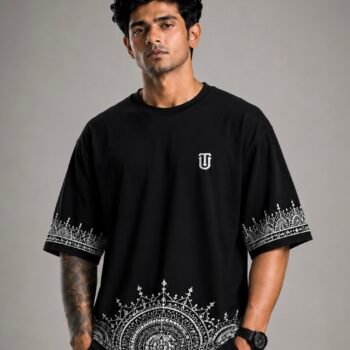 Premium 240 GSM Men’s Black Printed T-Shirt Traditional Mandala Border Design